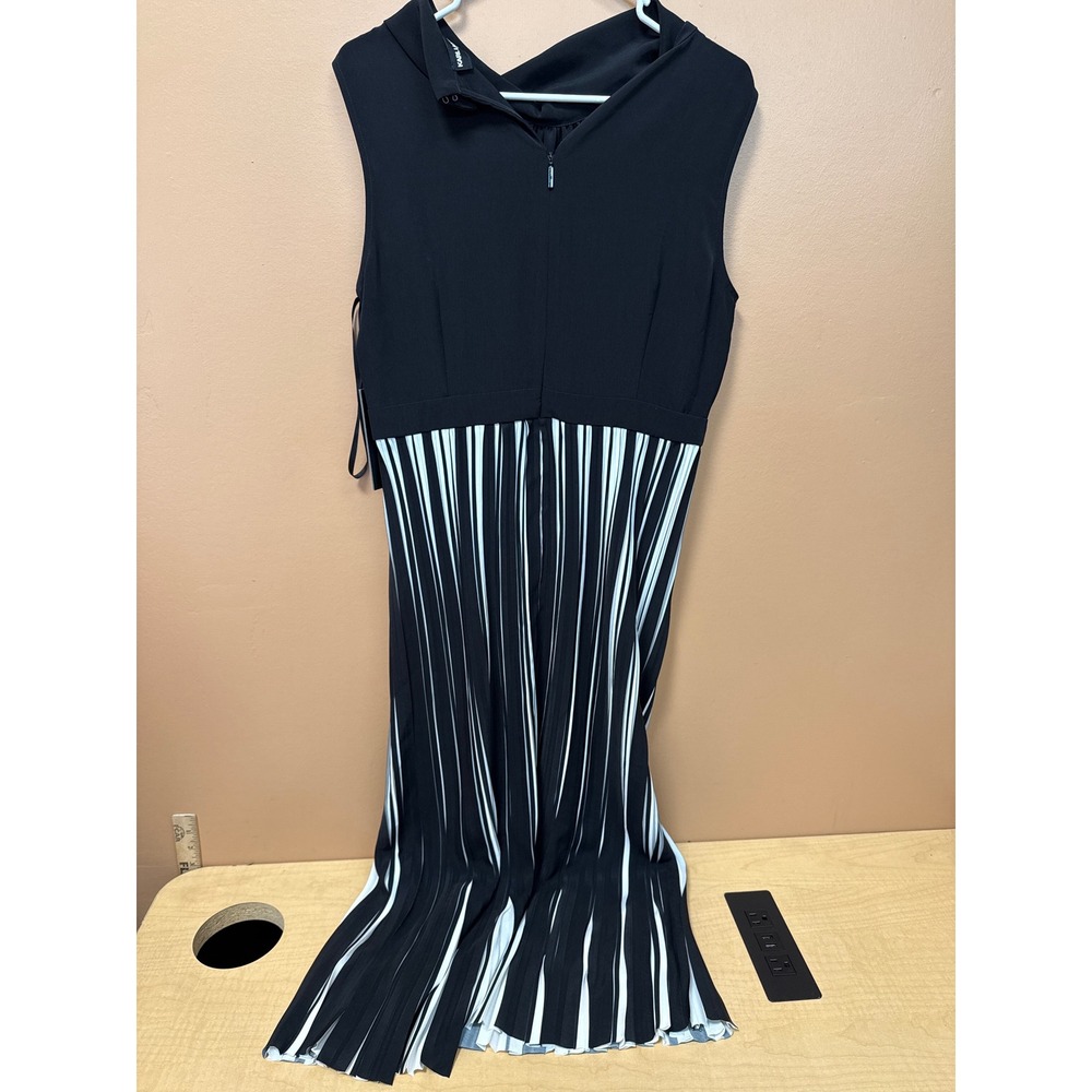 Karl Lagerfeld Paris Black White Pleated Stripe Cowl Neck Midi Dress Size 12 NWT